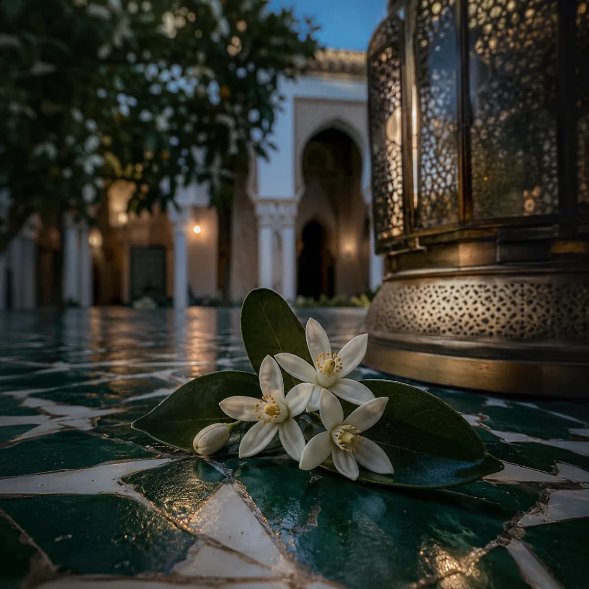 Orange blossom on green tile